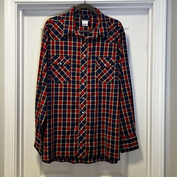 VTG Wrangler western blue/red plaid long sleeve button down‎ pearl snap XLT mens - Picture 1 of 9